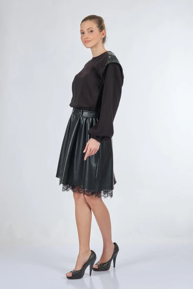 Unique Mode Oversize Midi Günlük Deri Elbise - Dantel Detay - Resim 3