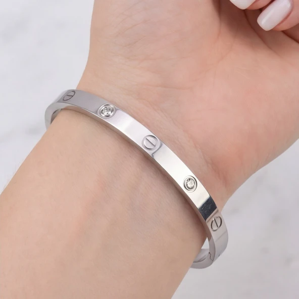 Çelik Kelepçe Bileklik Love Taşlı Model BLZ-494 - Resim 4