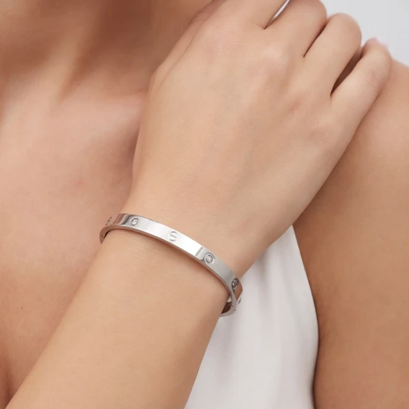 Çelik Kelepçe Bileklik Taşlı Love Model BLZ-596 - Resim 2
