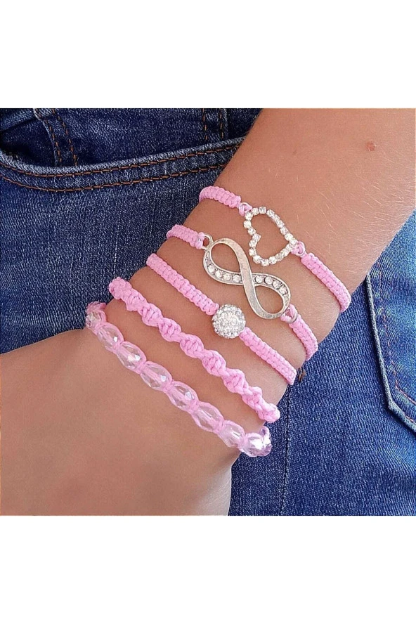 Pembe Sonsuzluk - Kalp- Kristal Makrome Ip Bileklik Takımı Set ürün görseli 1