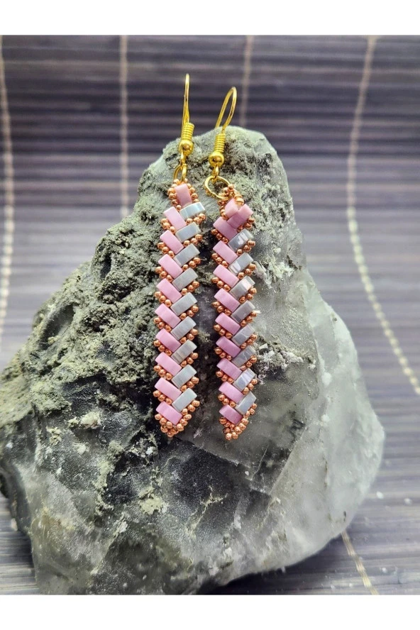 Miyuki Tila Taşlı Pembe Gümüş Bohem Etnik El Yapımı Küpe ürün görseli 1