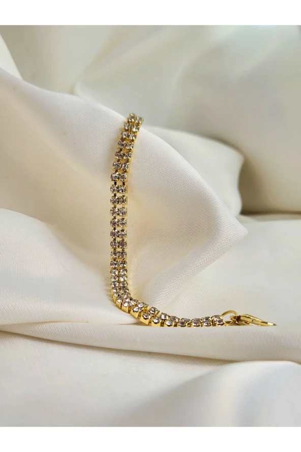 İki Sıralı Kristal Su Yolu Altın Kaplama Gold Renk Bileklk ürün görseli 1