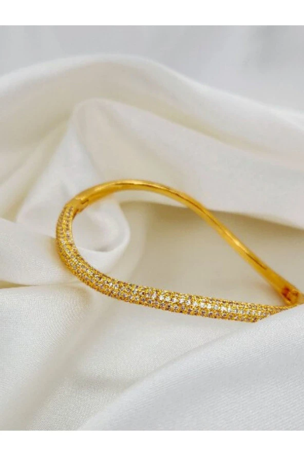 316 L S Şeklinde Zirkon Taşlı Çelik Altın Kaplama Gold Kelepçe ürün görseli 1