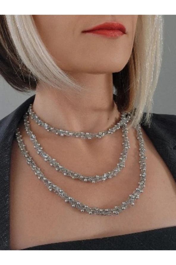 Top Zincir Modüler Örme Çelik Zincir Uzun Konsept Silver Renk Kolye - Resim 2