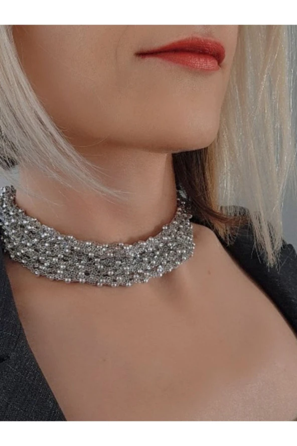 Top Zincir Modüler Örme Çelik Zincir Uzun Konsept Silver Renk Kolye - Resim 3