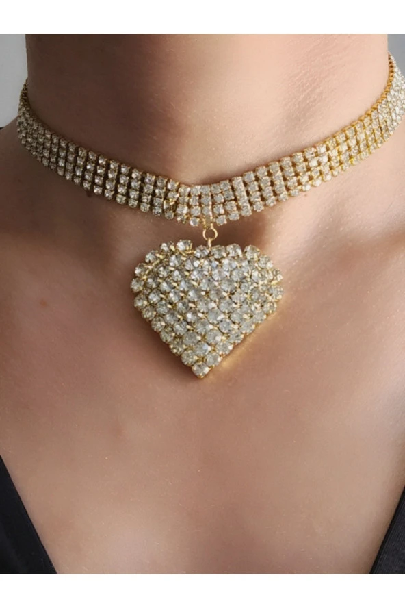 Kristal Taşlı 4 Sıra Model Kalp Figürlü Choker Tasma Gerdanlık Gümüş Renkli Rhinestone Kolye ürün görseli 1