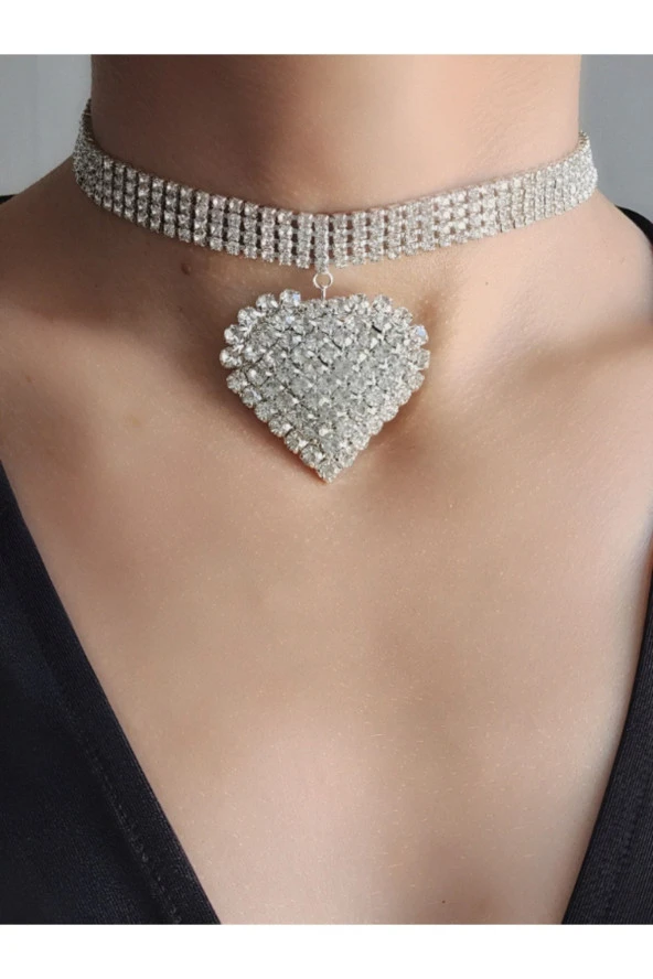 Kristal Taşlı 4 Sıra Model Kalp Figürlü Choker Tasma Gerdanlık Altın Kaplama Kolye ürün görseli 1