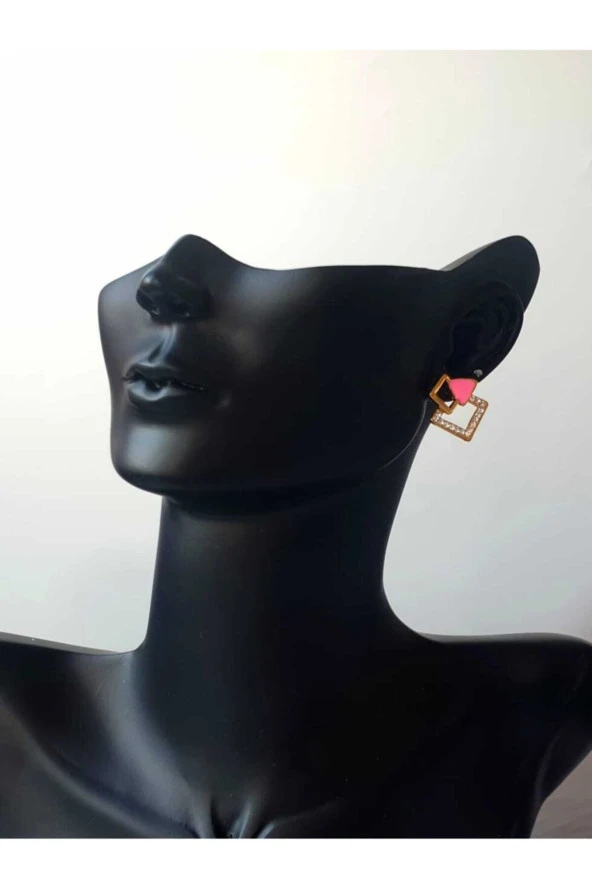 Altın Kaplama Gold Neon Mineli Pembe Kare Zirkon Taşlı Minimalist Küpe ürün görseli 1