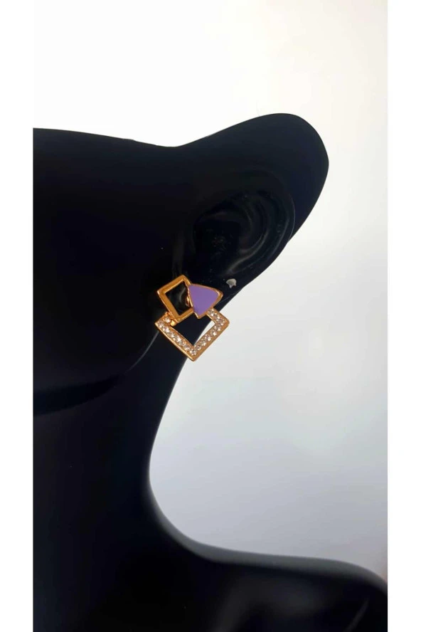 Altın Kaplama Gold Neon Mineli Mor Kare Zirkon Taşlı Minimalist Küpe ürün görseli 1