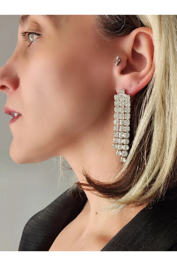 Taşlı Sallantılı Silver Renk Küpe ürün görseli 1