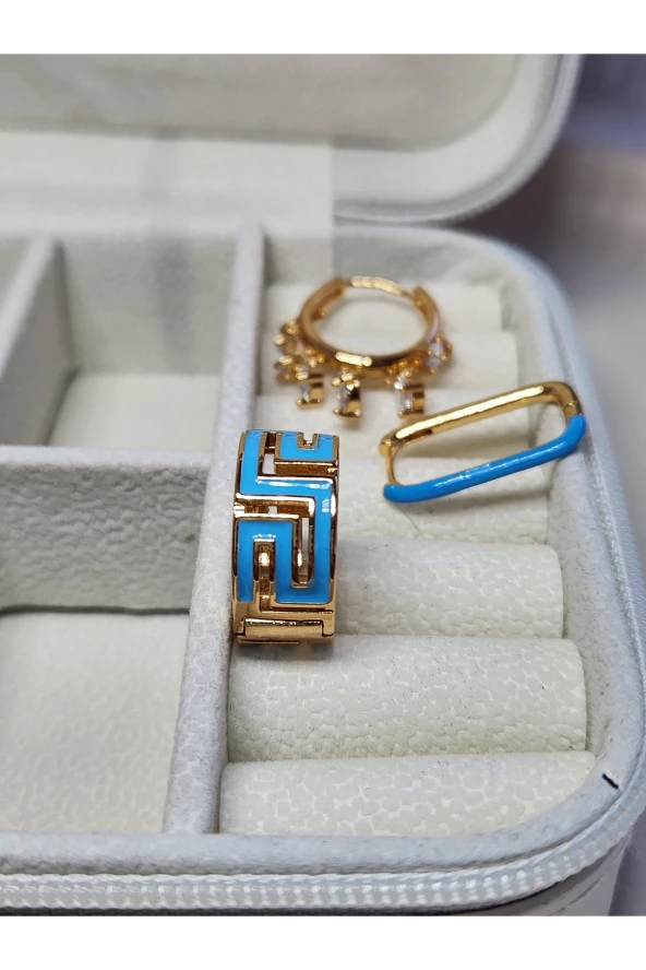 3'lü Mineli Mavi Halka Shakira Dikdörtgen Çelik Gold Küpe Seti ürün görseli 1