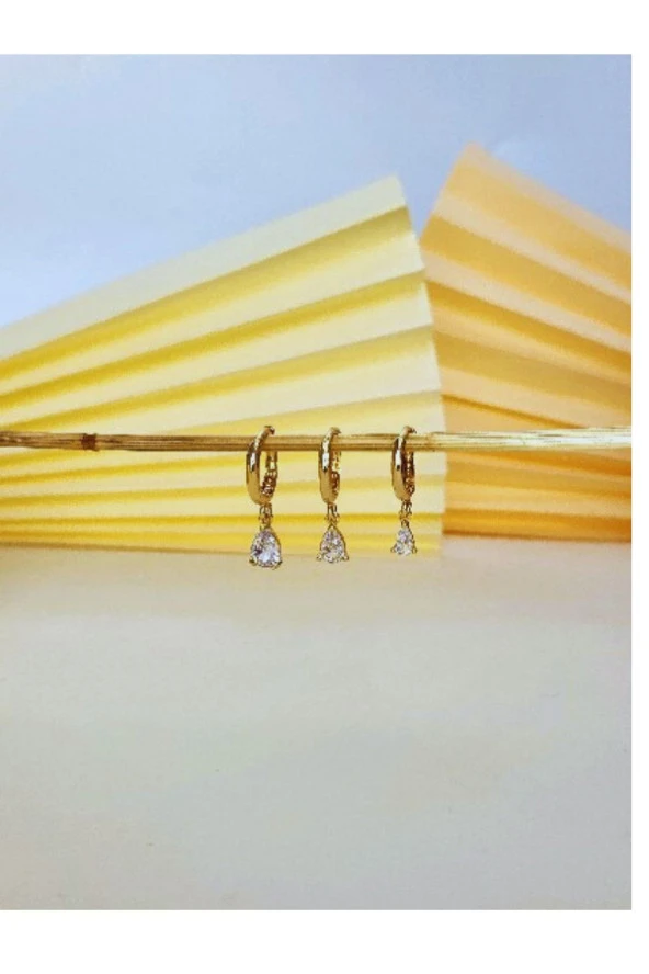 3'lü Damla Model Altın Kaplama Gold Çelik Küpe Seti ürün görseli 1