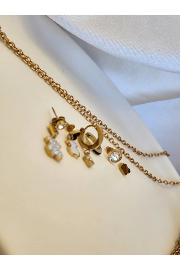 6'lı Teddy Ayıcık Çelik Altın Kaplama Sedefli Küpe Seti ürün görseli 1