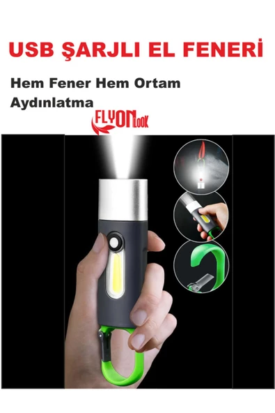 USB ŞARJLI EL FENERİ HEM FENER HEM ORTAM AYDINLATMA KANCALI FLAŞÖR KAMP , CEP , KAMP ÇANTASI ,LAMBA ürün görseli 1