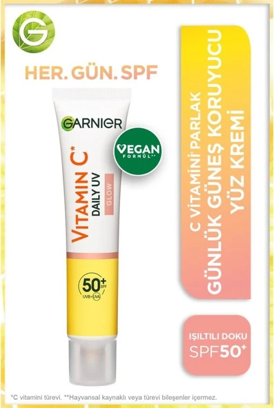 Garnier C Vitamini Parlak Günlük Güneş Koruyucu Fluid Yüz Kremi Işıltılı Doku SPF50+ 40ML ürün görseli 1