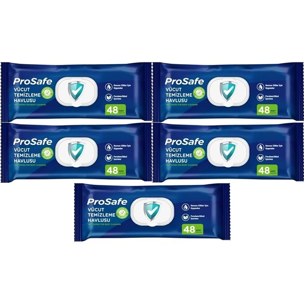Prosafe Yetişkin Vücut Temizleme Islak Mendil Havlu 48 Yaprak XL (5 Li Set) Plastik Kapak ürün görseli 1