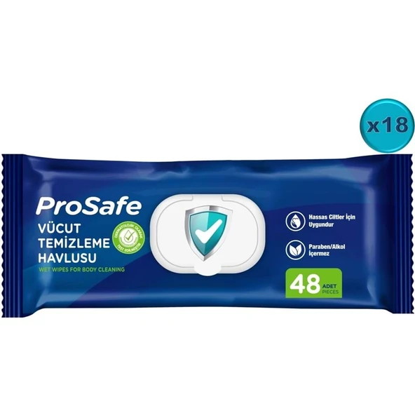 Prosafe Yetişkin Vücut Temizleme Islak Mendil Havlu 48 Yaprak XL (18 Li Set) Plastik Kapak ürün görseli 1