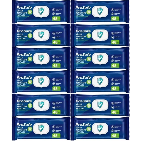 Prosafe Yetişkin Vücut Temizleme Islak Mendil Havlu 48 Yaprak XL (12 Li Set) Plastik Kapak ürün görseli 1