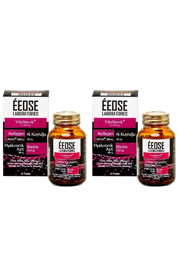 EEOSE Kollajen  Tablet + Hyaluronik Asit + At Kuyruğu + Biotin + C Vitamini 45 Tablet X 2 Adet ürün görseli 1