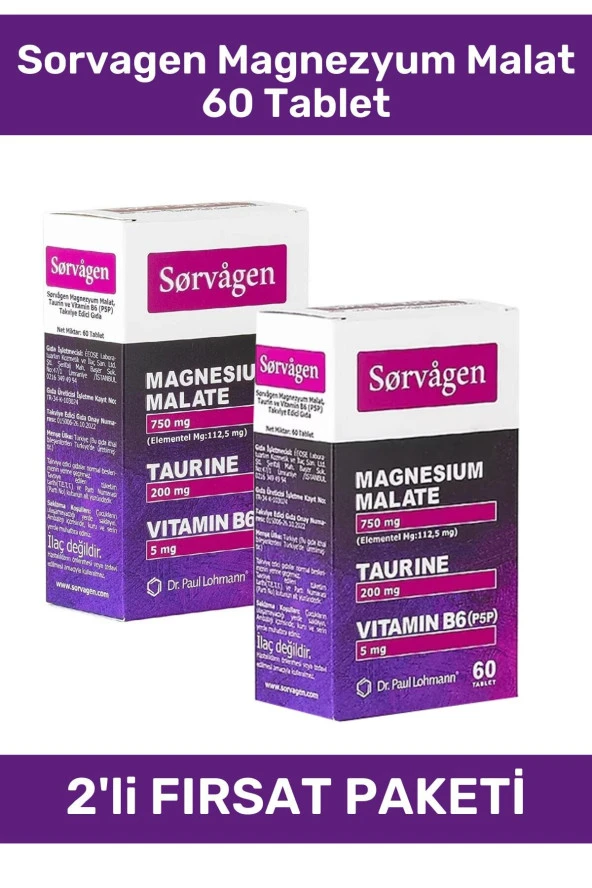 Sorvagen Magnezyum Malat Taurin Ve Vitamin B6 60 Tablet 2'Li Paket ürün görseli 1