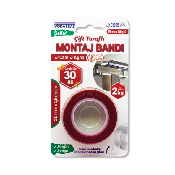 Vodaseal Ekstra Güçlü Çift Taraflı Montaj Bantı Şeffaf 20 mm x 1,5 mt ürün görseli 1