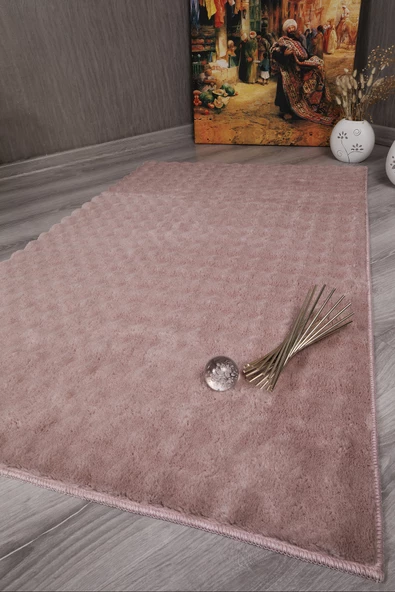 Dekoratif Bubble Uzun Tüylü Yumuşak Puffy Peluş Kaymaz Yıkanabilir Salon Antre Halı Yolluk Pembe ürün görseli 1