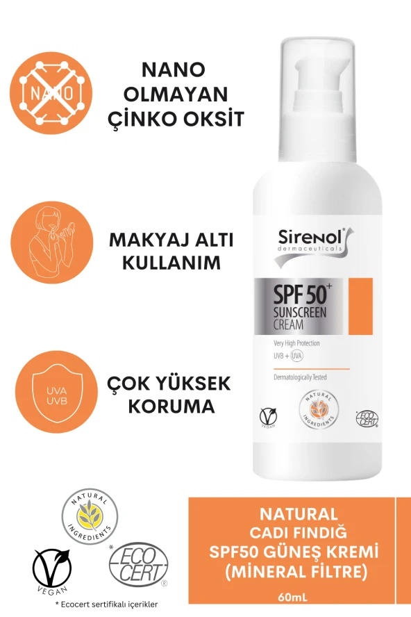 Sirenol Natural Cadı Fındığı SPF50 Güneş Kremi (Mineral Filtre) 60 mL ürün görseli 1