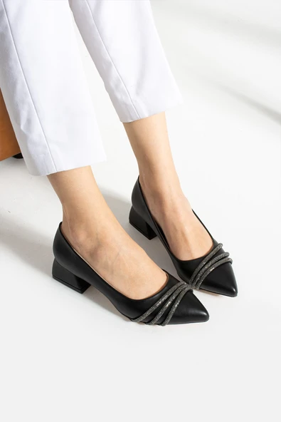 Albishoes Kadın Alçak Topuk 4 cm Sivri Burun Şeritli Taşlı Abiye Kadın Kare Topuklu Ayakkabı (36-44) ürün görseli 1
