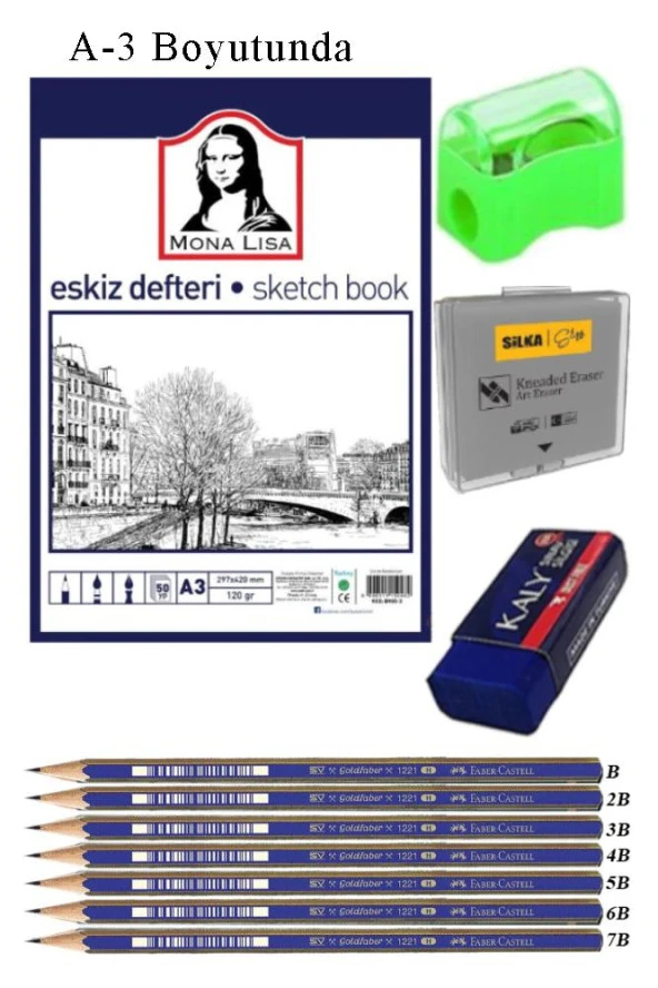 Eskiz Defteri A3 50 Yaprak Karakalem Çizim Seti Hamur Silgi Faber Castell Dereceli Kalem Hobi Tasarım Seti ürün görseli 1