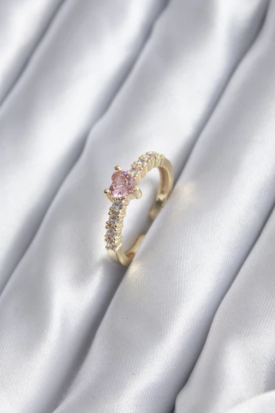 Gold Renk Zirkon Taşlı Pembe Kristal Kalp Model Kadın Yüzük TJ-BYK2852 ürün görseli 1