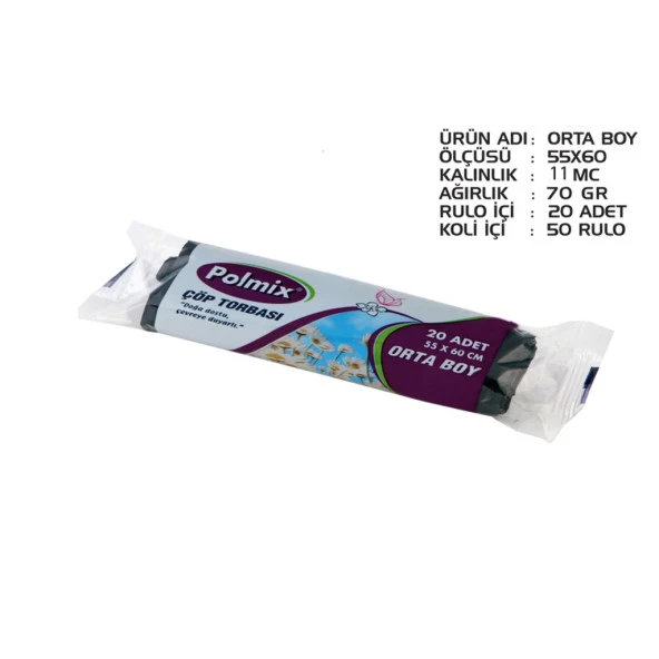 Omnipazar Polmix Standart Orta Boy Çöp Torbası 55x60 cm 50 Rulo Siyah ürün görseli 1