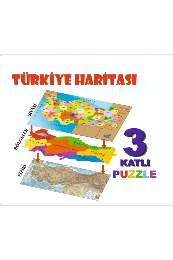 Ahşap 3 katlı Türkiye Haritası Puzzle Eğitici Ahşap Set Sök Tak Şehir/Bölgeler/Fiziki Puzzle Harita ürün görseli 1