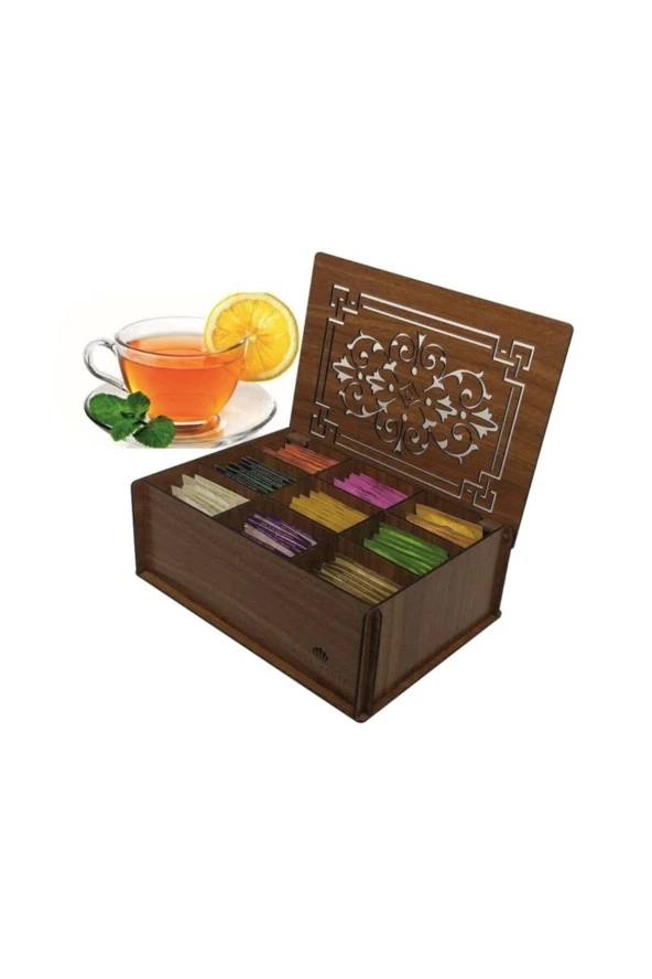 9 Bölmeli Ahşap Çay Kutusu, Teabox,bitkisel Çay Kahve Kutusu-45 Adet Çay Dahil Ceviz Renk ürün görseli 1