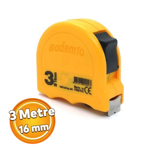 Şerit Metal Bükülebilir Metre 3 m x 16 mm Sarı Renk Düğmeli Ölçüm Ölçme Plastik Kasalı ürün görseli 1