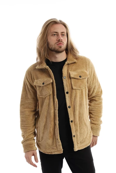 Erkek Oversize Çıt Çıt Kapamalı Cepli Peluş Kahverengi Ceket ürün görseli 1