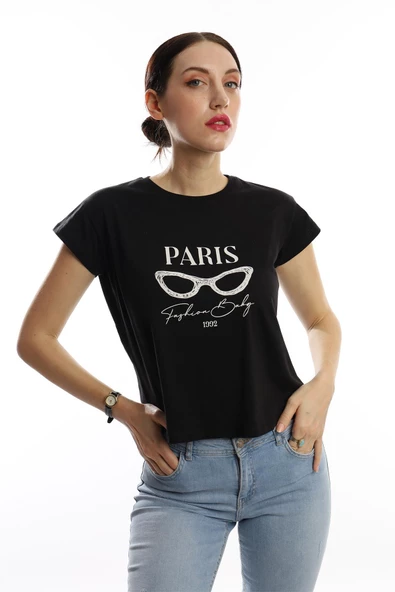 Kadın Paris Yazı Baskılı Crop Tişört Siyah ürün görseli 1