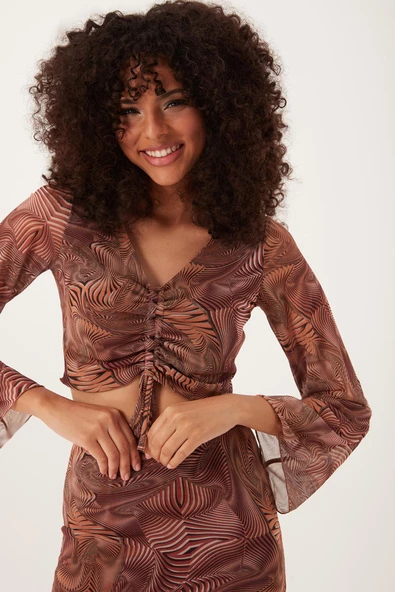 Kadın Ön Astarlı Mesh Crop Bluz Kahverengi ürün görseli 1
