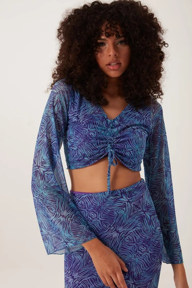 Kadın Ön Astarlı Mesh Crop Bluz Mavi ürün görseli 1