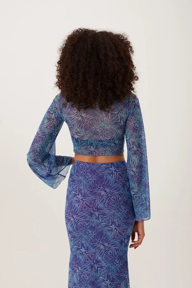 Kadın Ön Astarlı Mesh Crop Bluz Mavi - Resim 3