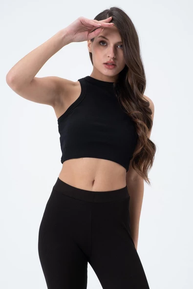 Kadın Kaşkorse Crop Atlet  Siyah - Resim 4