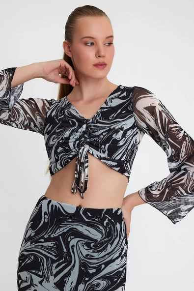 Kadın Ön Astarlı Mesh Crop Bluz Siyah ürün görseli 1
