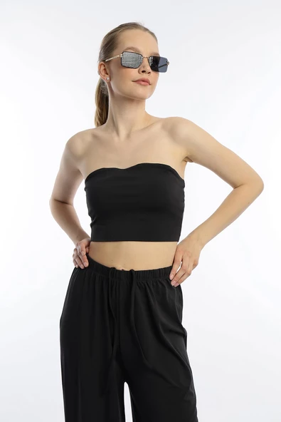 Kadın Allegro Kumaş Askısız Crop Top Siyah ürün görseli 1