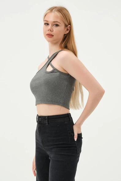 Kadın Askılı Crop Kaşkorse   Gri - Resim 2