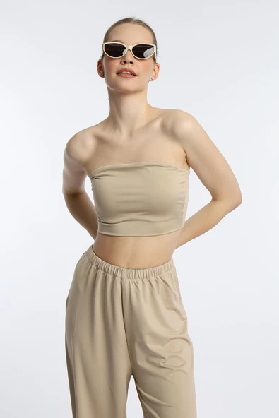 Kadın Allegro Kumaş Askısız Crop Top Vizon ürün görseli 1