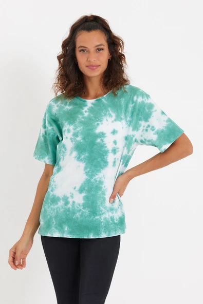 Kadın Batik Yıkamalı Oversize T-shirt Yeşil ürün görseli 1