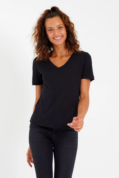 Kadın Tencel Kumaş V Yaka Parçalı T-shirt  Siyah ürün görseli 1