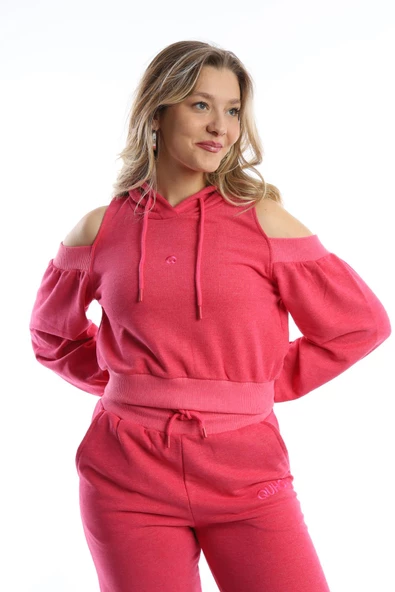 Kadın Kapüşonlu Omuz Dekolteli Sweatshirt Pembe ürün görseli 1