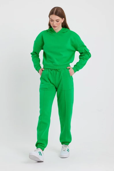 Kadın Kapüşonlu 3 İplik Sweatshirt Yeşil - Resim 3