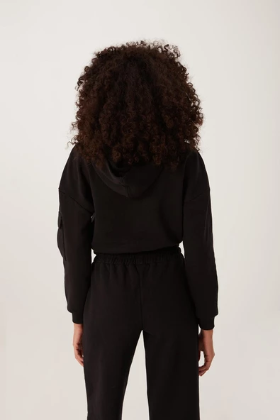 Kadın Kapüşonlu 3 İplik Sweatshirt Siyah - Resim 3