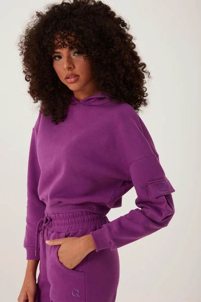 Kadın Kapüşonlu  3 İplik Sweatshirt Mor - Resim 2